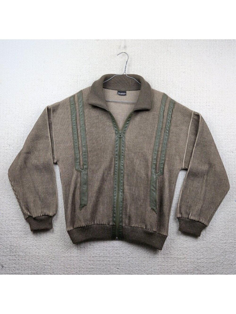 VTG Dauphilaine France Wool Knit Blend Leather Trim Military Green Jacket Men*